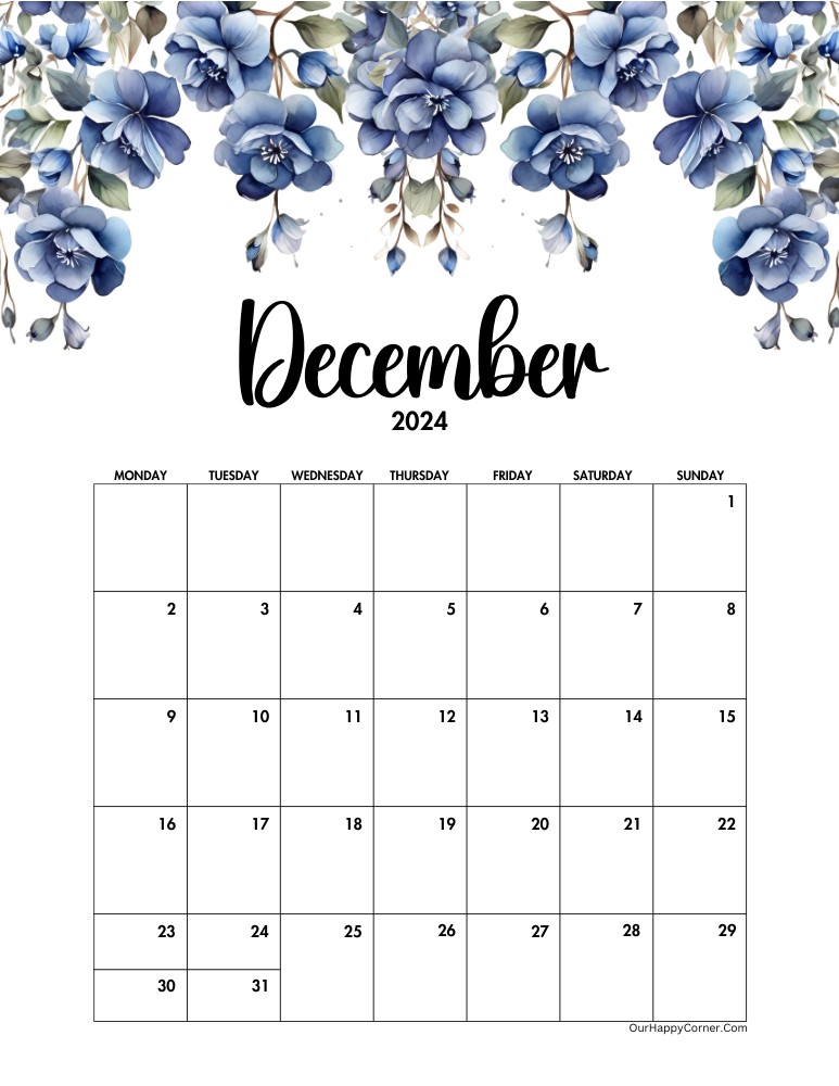 Monday start blue floral calendar 