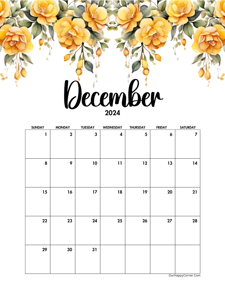 Yellow floral December 2024 calendar