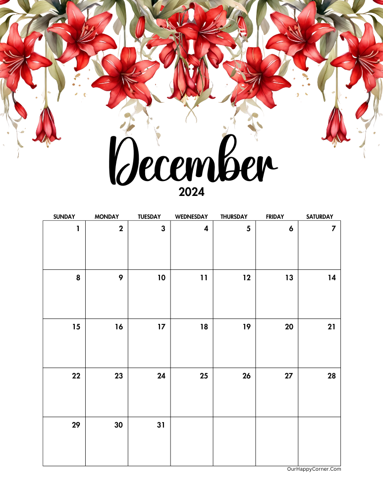 Red floral calendar printable