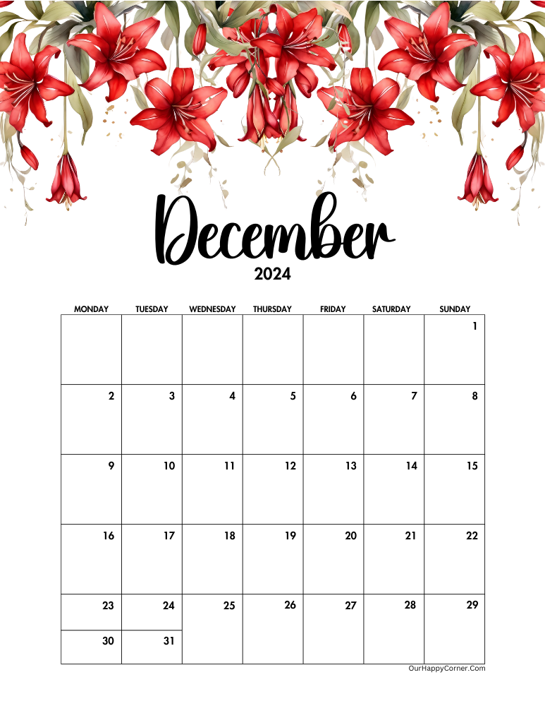 Red floral Monday start calendar printable