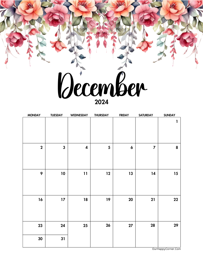 Floral calendar printable Monday start