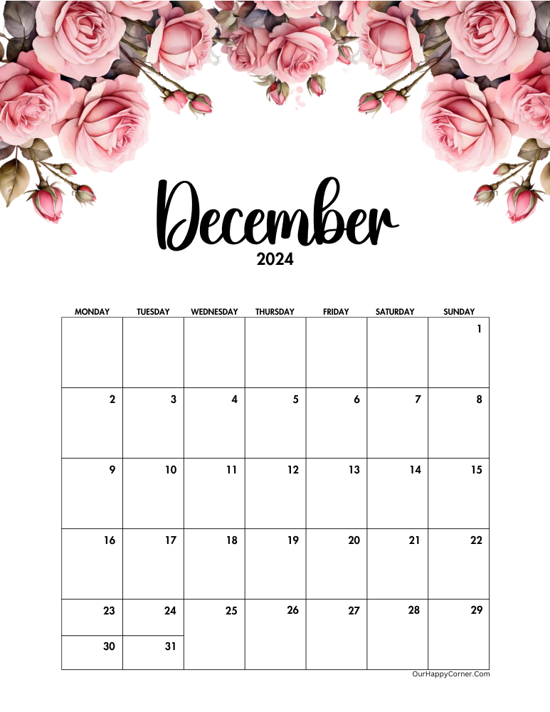 Monday start pink roses monthly calendar