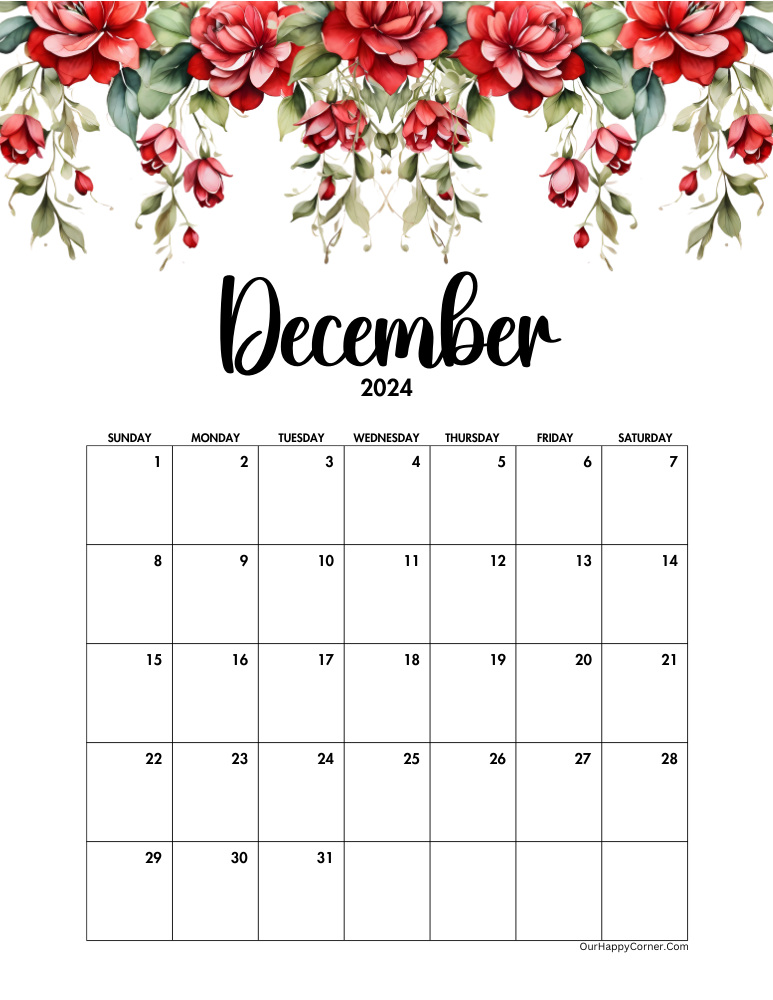 Sunday start red floral calendar