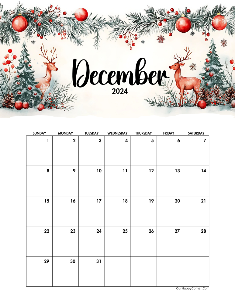 Calendar decorated with Christmas scene of deer and Christmas trees