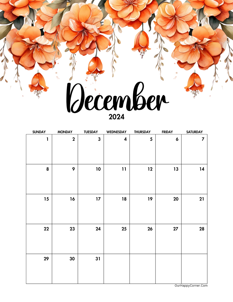 Orange floral December Calendar 2024 