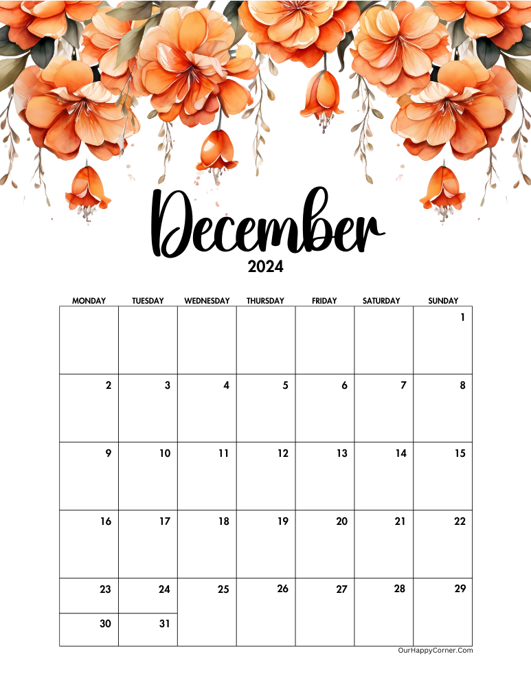 December Calendar orange Monday start