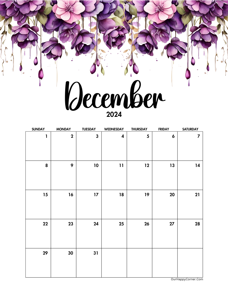 Purple watercolor December Calendar 2024 