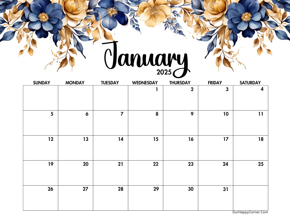 Landscape blue and gold calendar printable for January