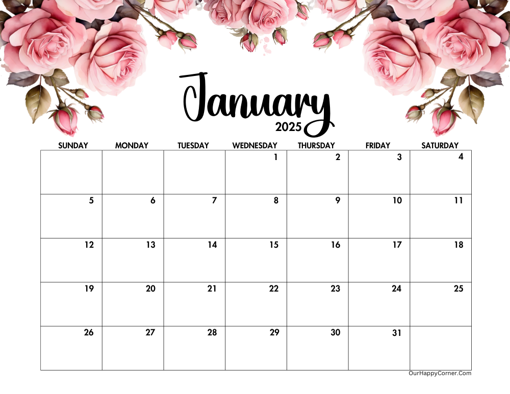 2025 landscape pink roses calendar printable