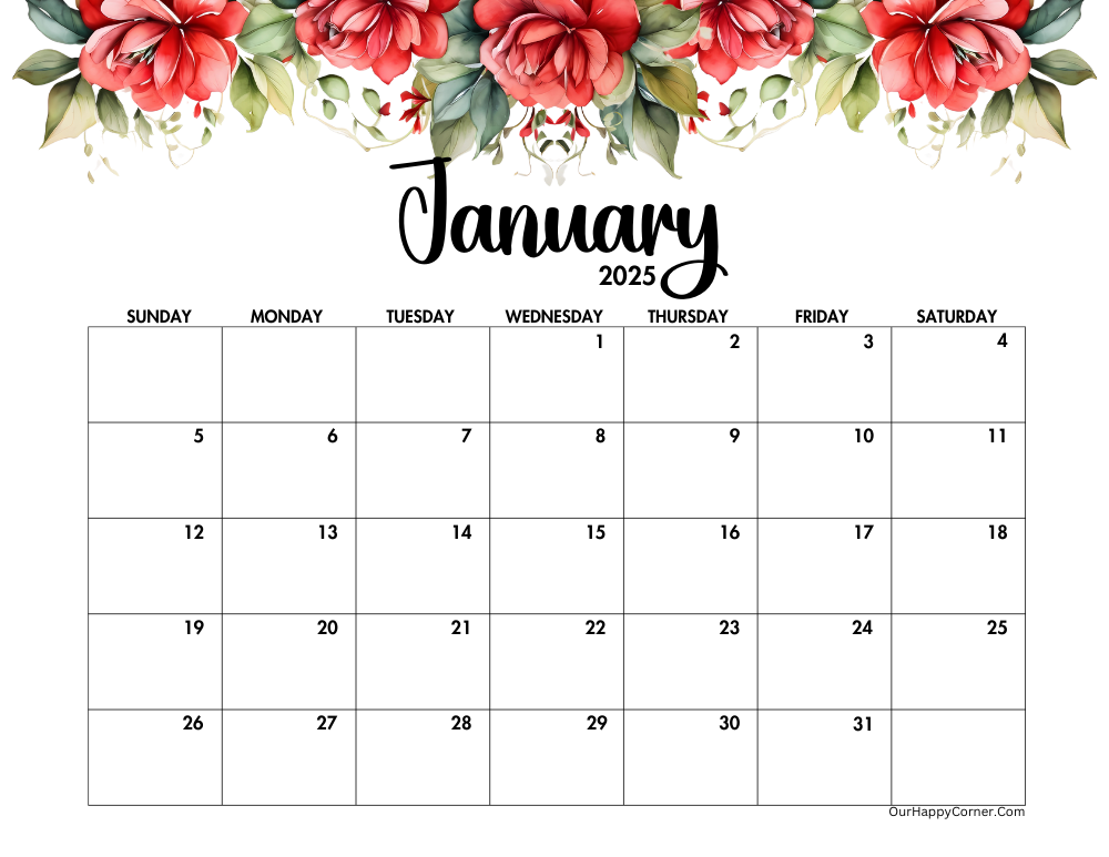 2025 landscape red flowers calendar printable