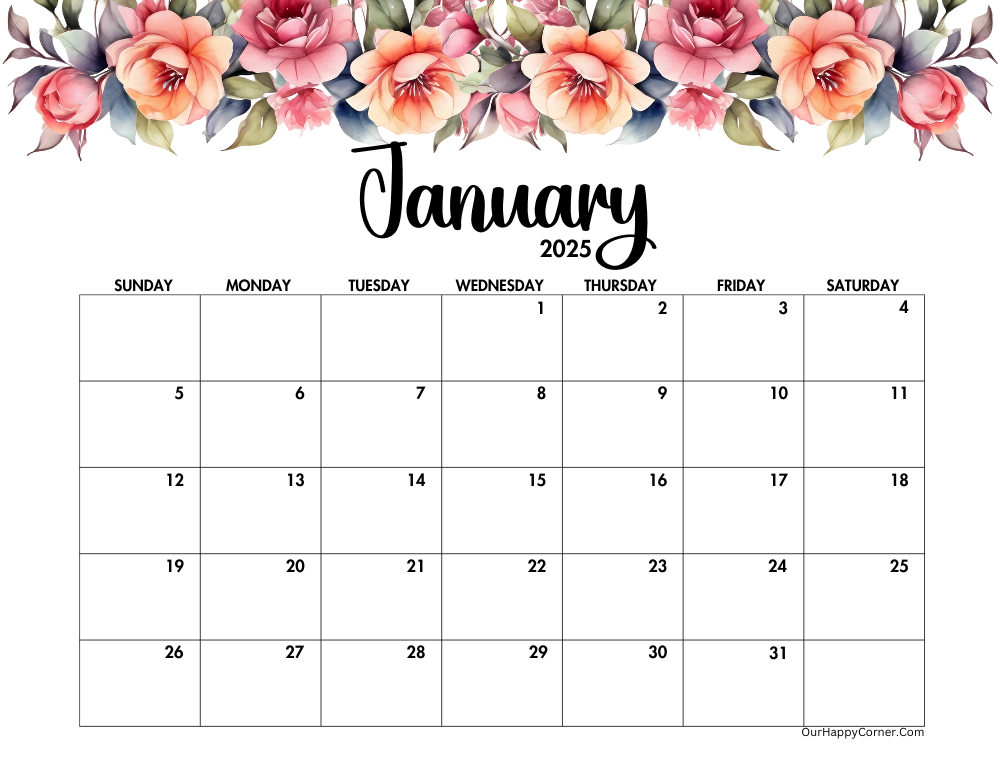 2025 landscape floral calendar printable