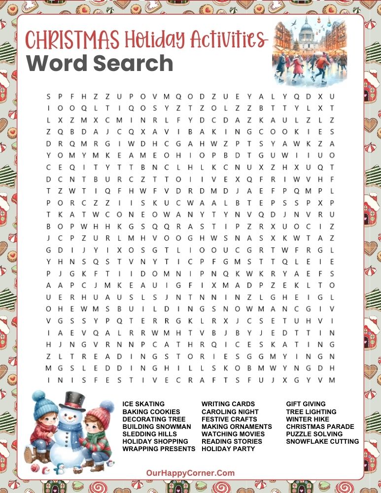 Word search featuring Christmas activities like “Sledding Hills” and “Holiday Party.