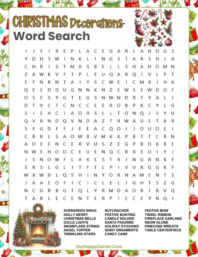 Word search about Christmas decorations like “Evergreen Swag” and “Twinkling Stars.