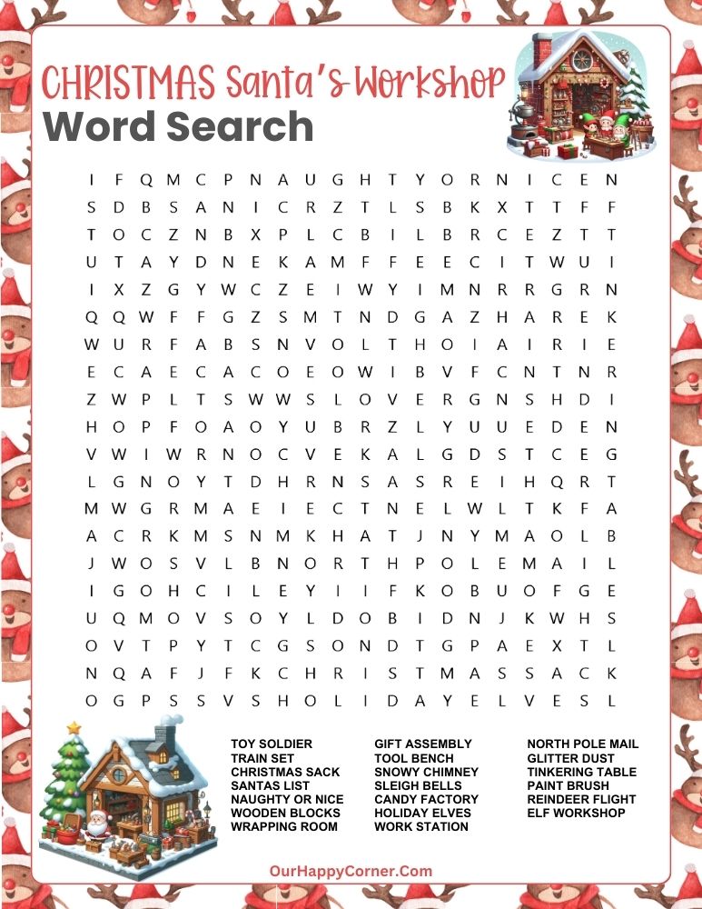 Santa’s Workshop-themed word search with festive words and reindeer border