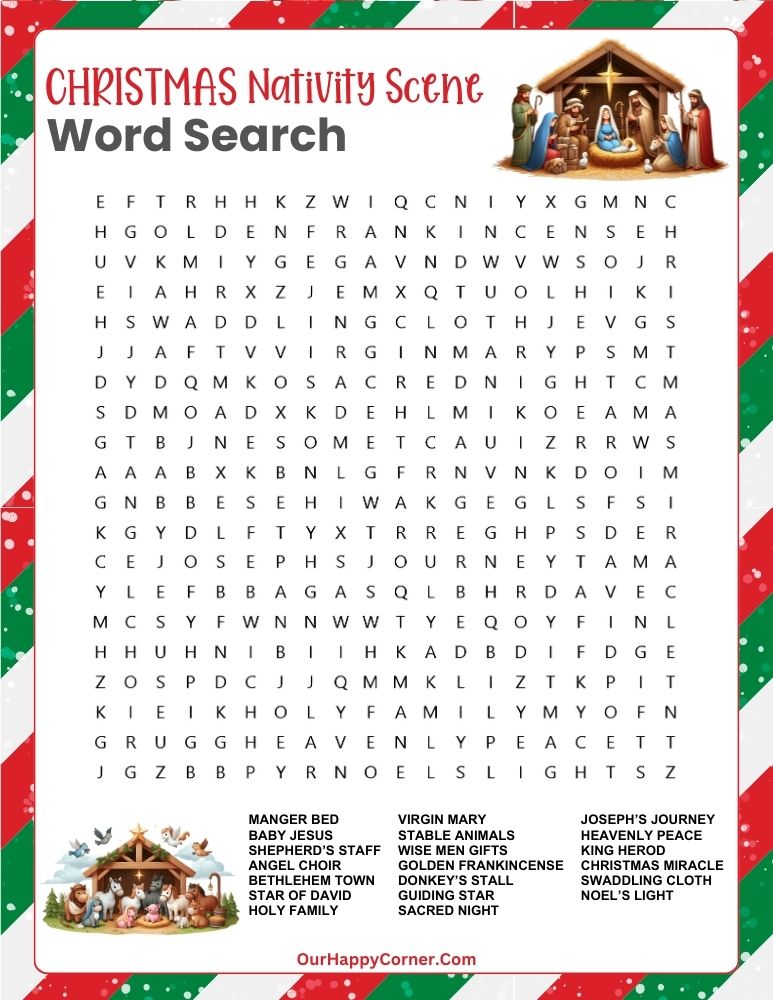 Nativity Scene-themed word search featuring religious and Christmas words.