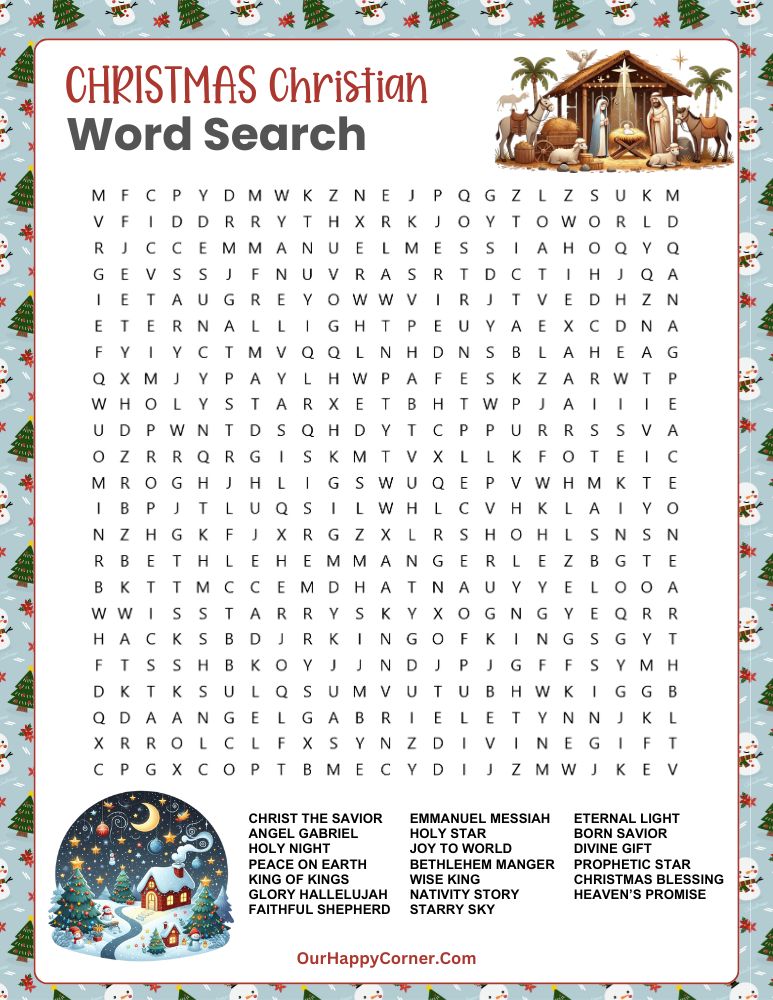 Christian-themed word search with spiritual words about Christmas