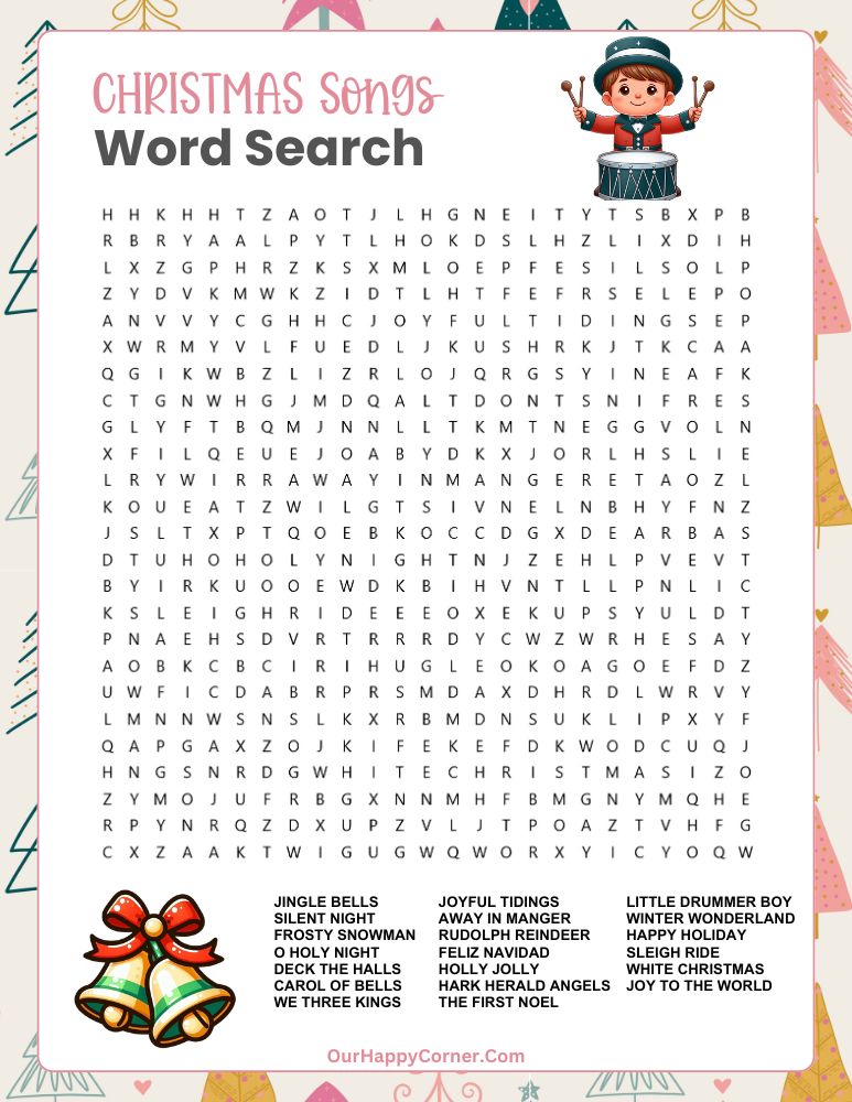 Word search inspired by Christmas songs like “Silent Night” and “Jingle Bells."