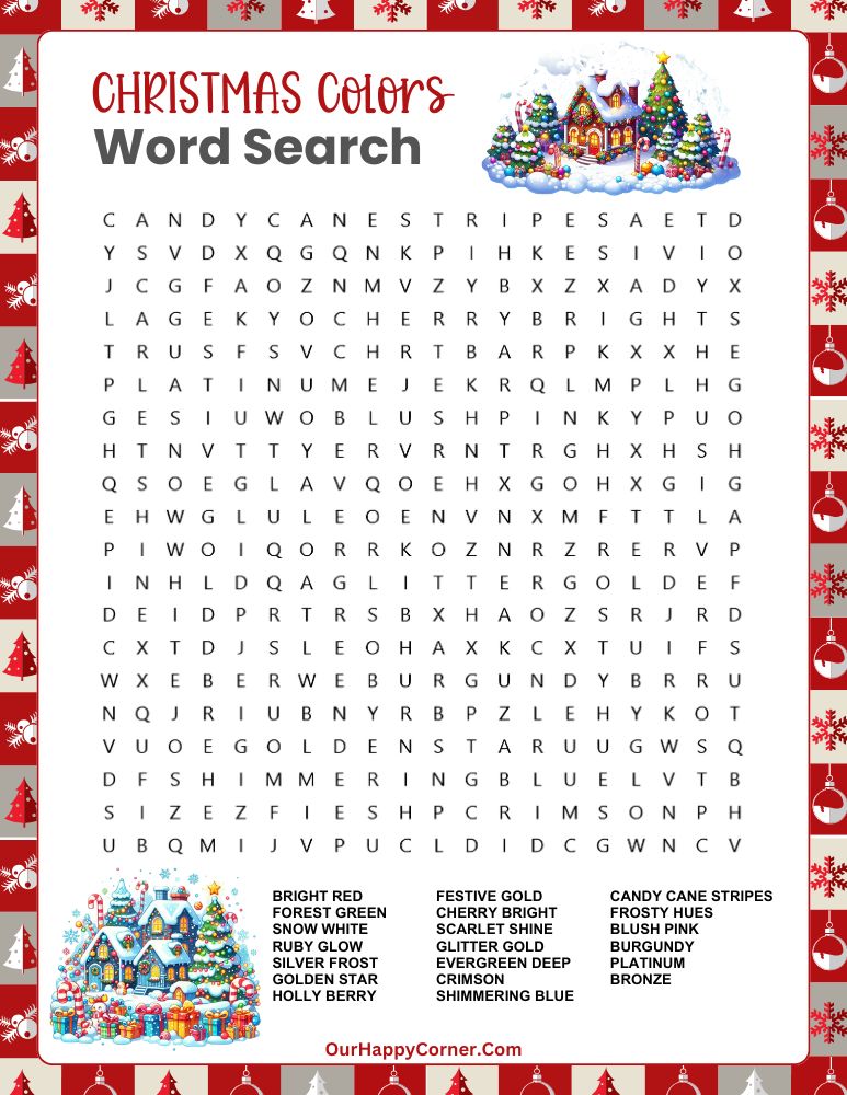 Christmas-themed word search featuring holiday colors like red and green.