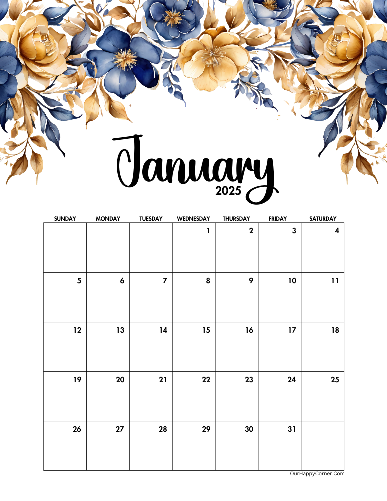 Sunday start blue and gold floral calendar