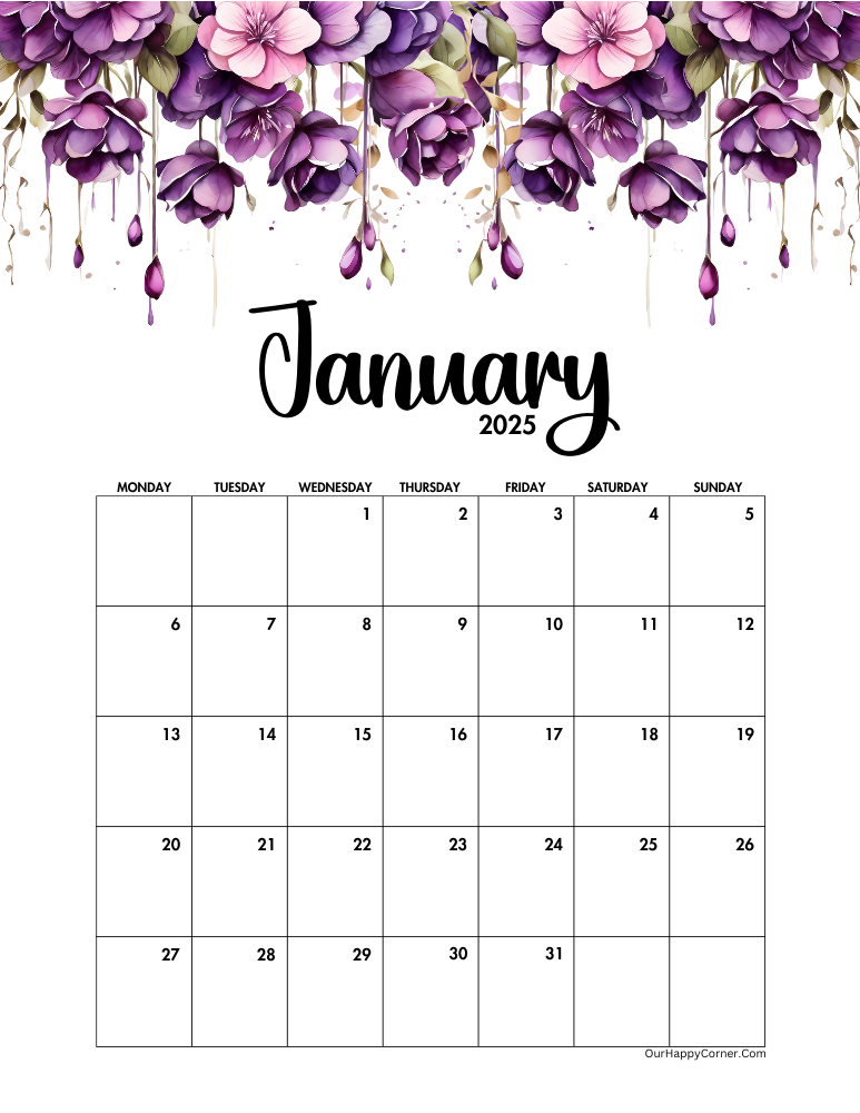 Monday start purple watercolor floral calendar