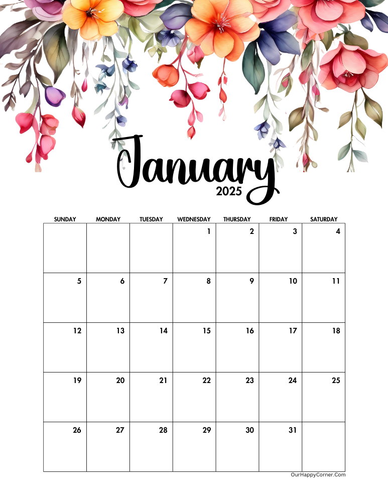 Sunday start floral January calendar