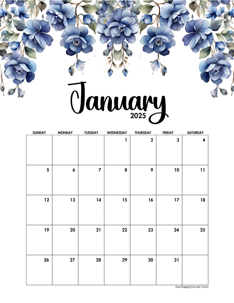 Sunday start blue floral calendar