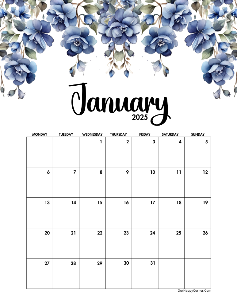 Monday start blue floral calendar