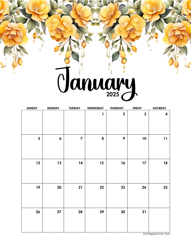 Sunday start yellow floral January calendar