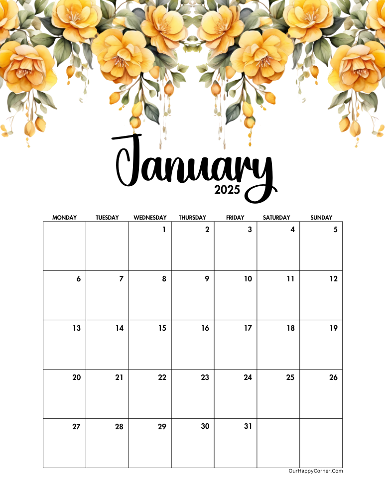 Monday start yellow floral January calendar