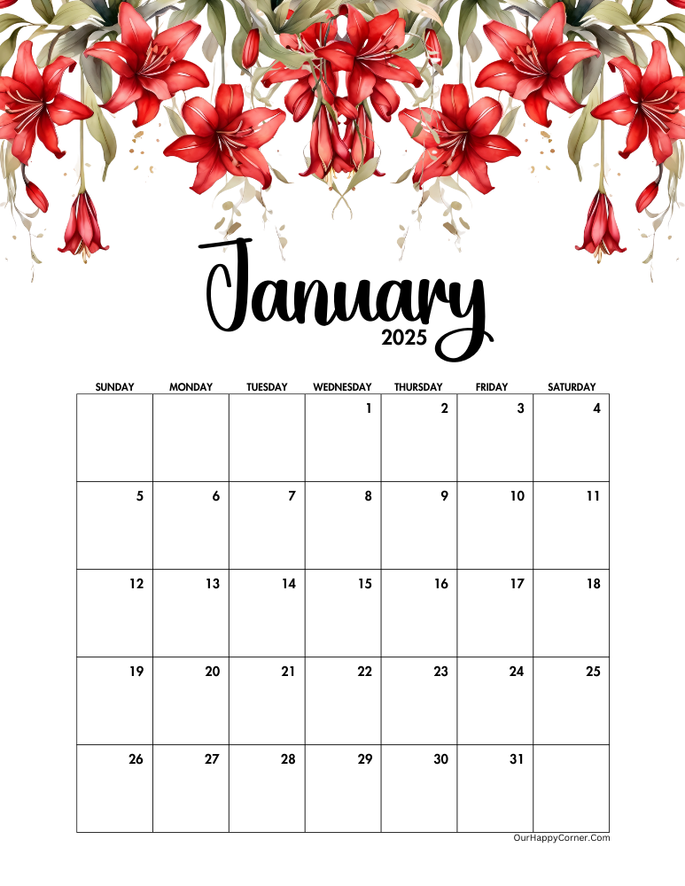 Sunday start red floral January calendar