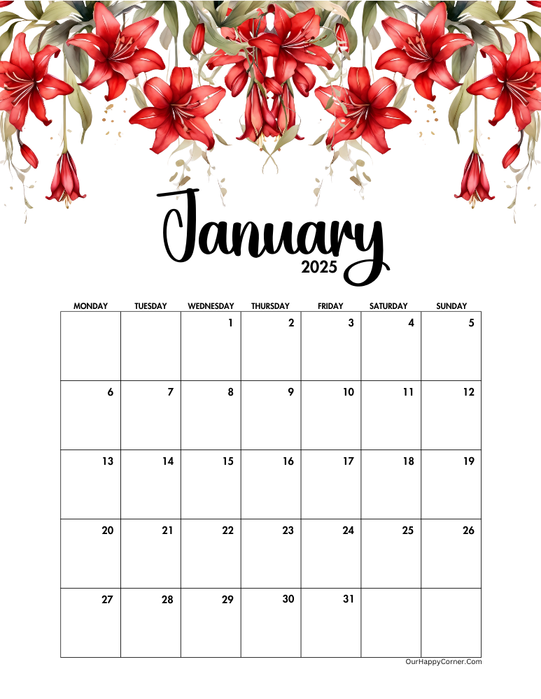 Monday start red floral January calendar