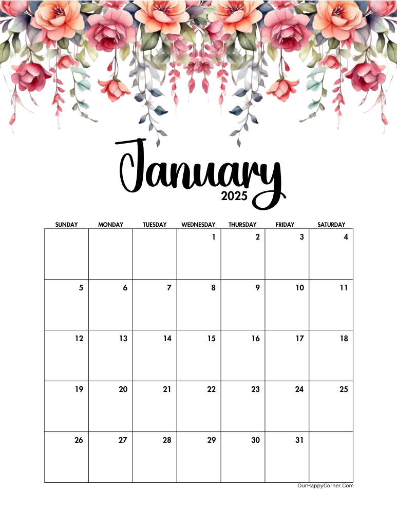 Sunday start floral January calendar