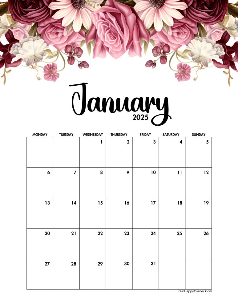 Monday start floral January calendar