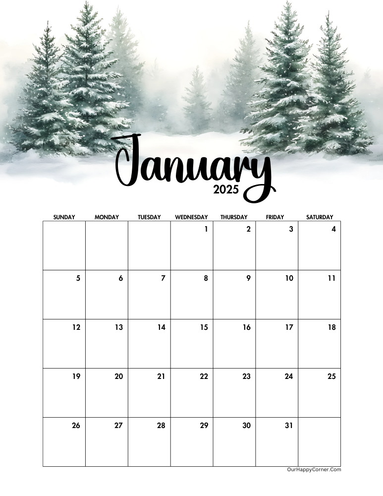 Pine Trees decorated calendar January