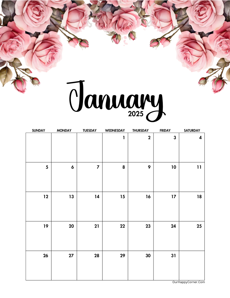 Sunday start pink roses floral calendar