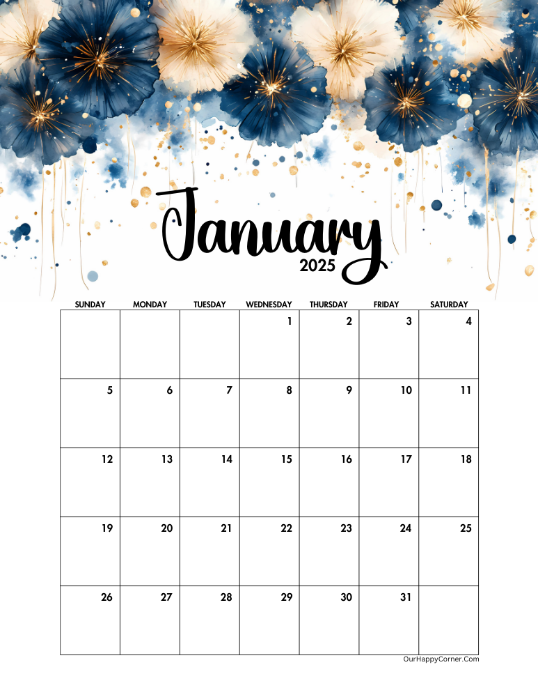 January decorated calendar in fireworks bursting in midnight black and champagne gold