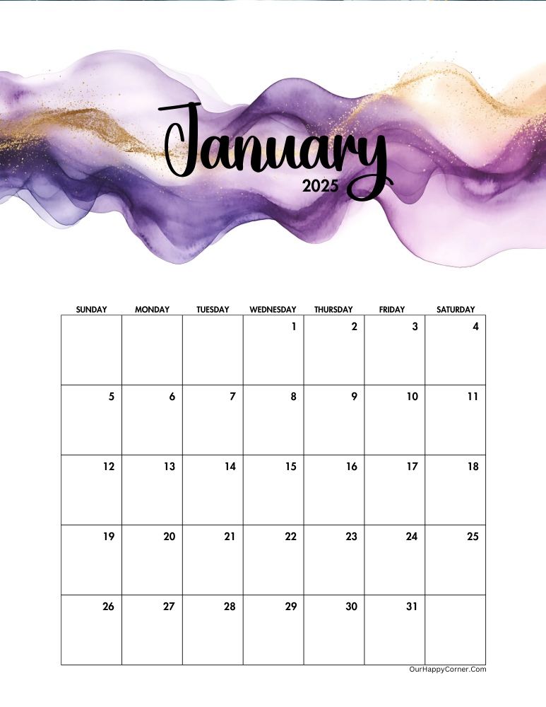 January decorated calendar with Watercolor banners in champagne gold and frosted lavender