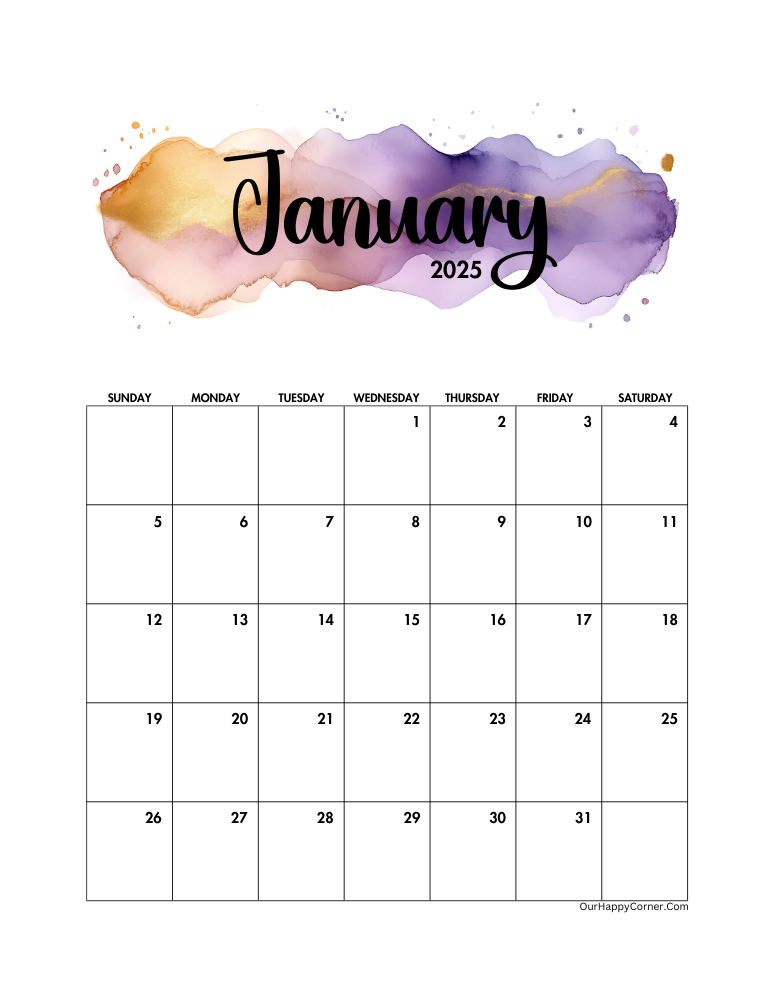 January decorated calendar with Watercolor banners in champagne gold and frosted lavender