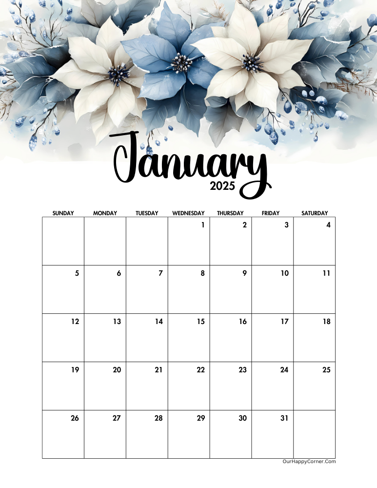 Watercolor poinsettias and snowdrops January calendar