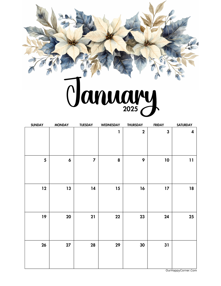 Watercolor poinsettias and snowdrops January calendar