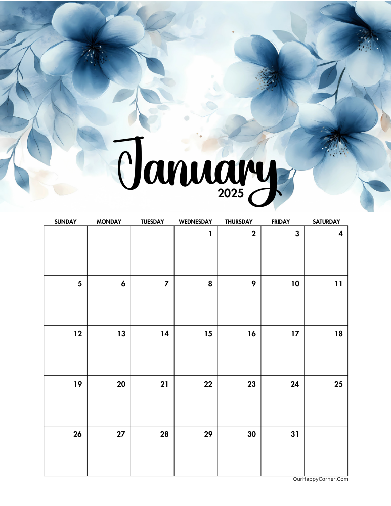 January 2025 calendar decorated in Abstract Winter Flowers 