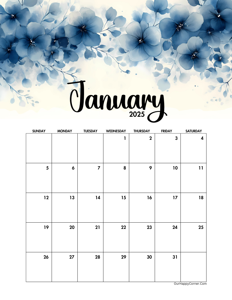 January 2025 calendar decorated in Abstract Winter Flowers 