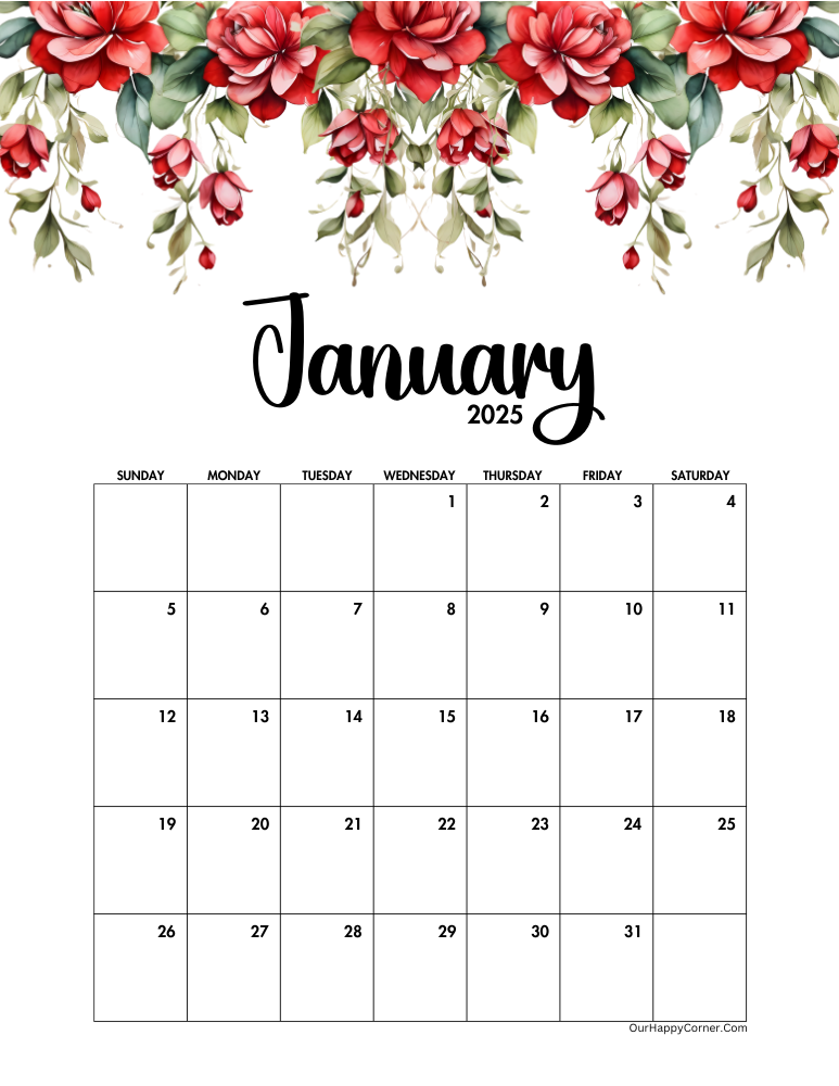 Sunday start red floral calendar