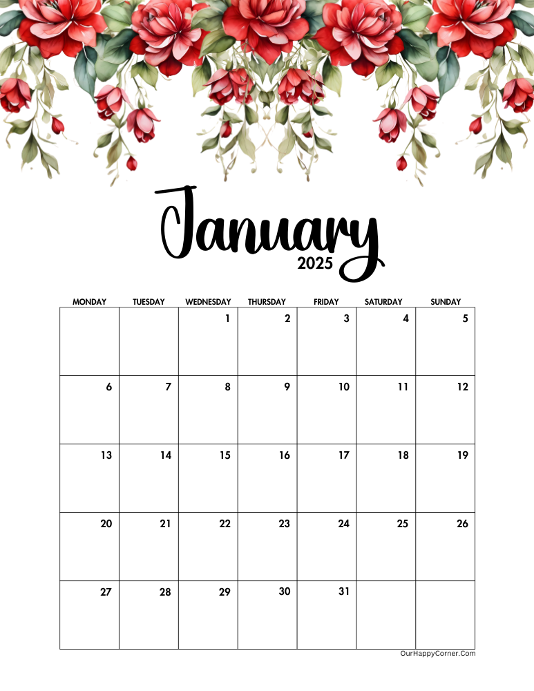 Monday start red floral calendar