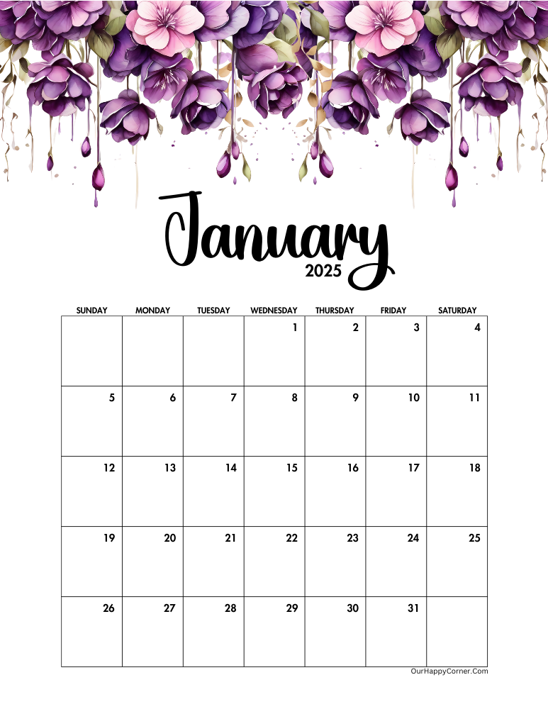 Sunday start purple watercolor floral calendar