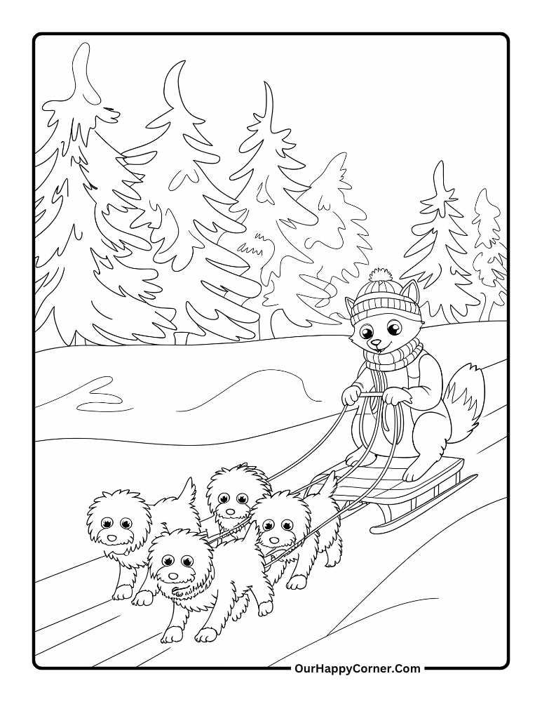 Winter coloring pages of Dog sledding through a snowy forest.