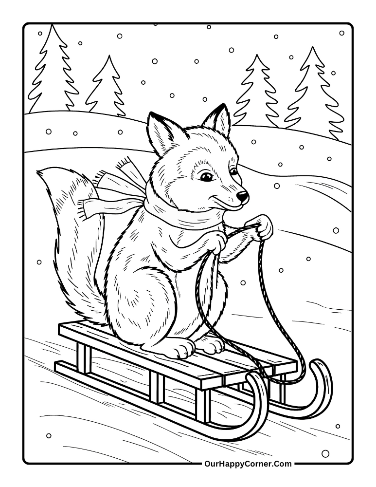 Winter coloring pages of Fox sitting on a sled in the snow