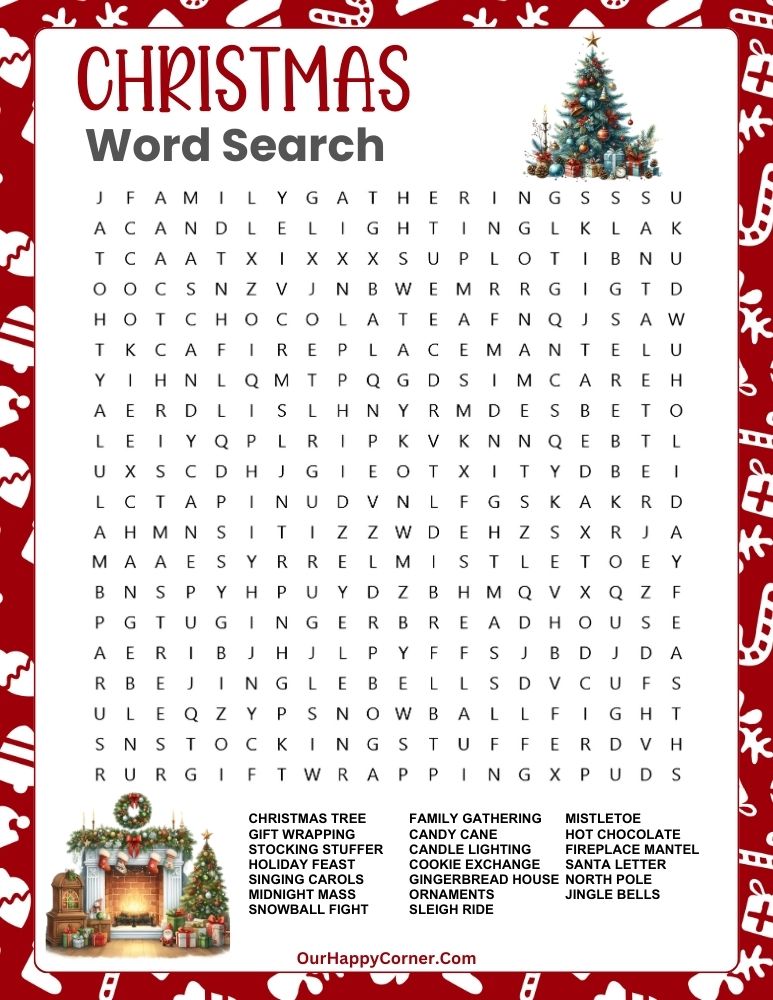 Word search showcasing classic Christmas traditions like Midnight Mass and Stocking Stuffer.