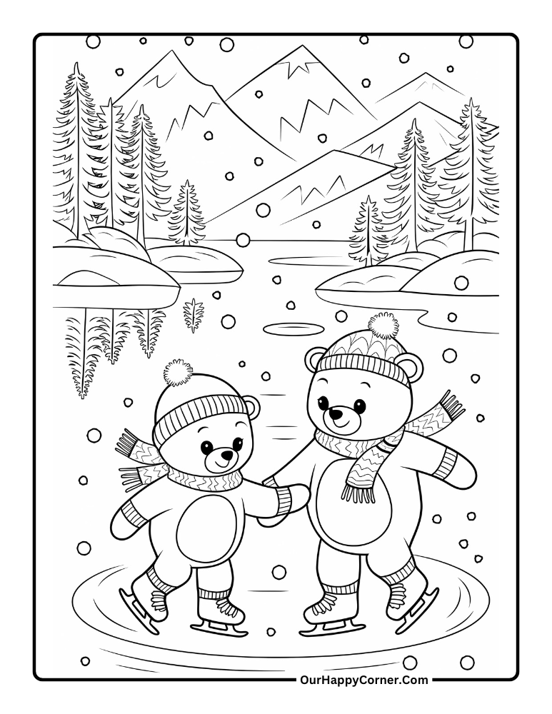 Two bears ice skating on a snowy lake.