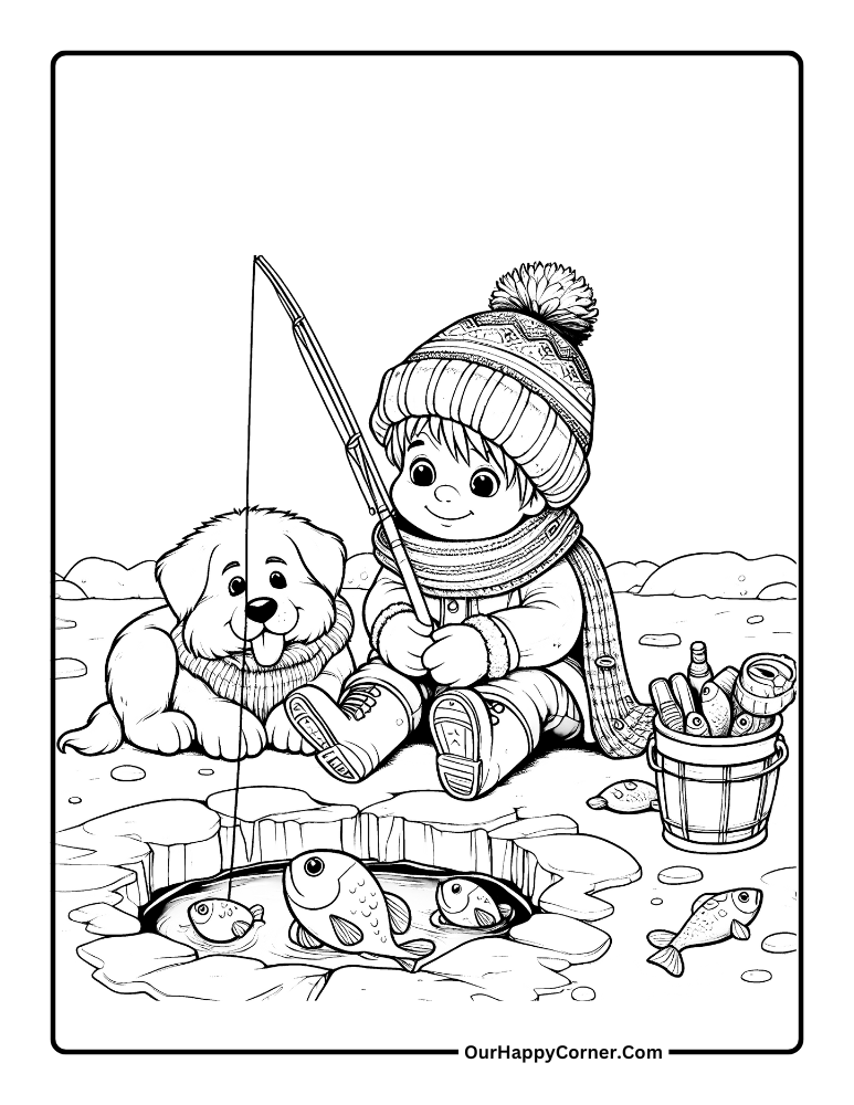 Child and dog ice fishing on a snowy day.